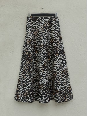 Leopar Desen Beli Lastikli Scuba Etek -Ekru