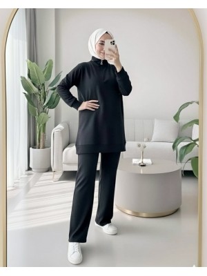 Yarım Fermuarlı Boğazlı Penye Takım -Siyah