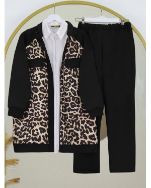 Leopar Desenli Cep Detaylı Fermuarlı Takım  -Siyah