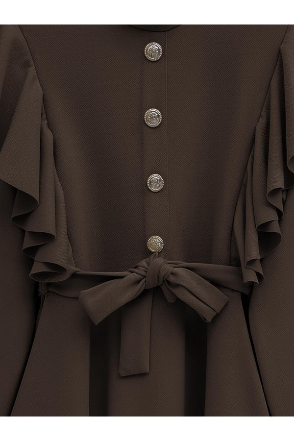 Button Detailed Ruffle Shoulder Suit -Brown