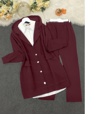 Kapşonlu Kapaklı Cepli Pantolonlu Takım    -Bordo