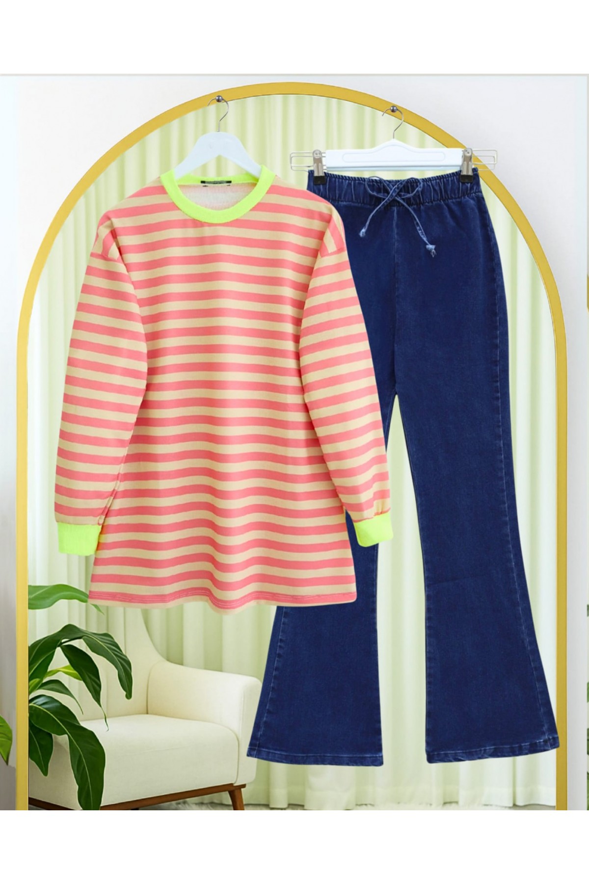 Colorful Striped Round Neck Sweater  -Orange detay görseli