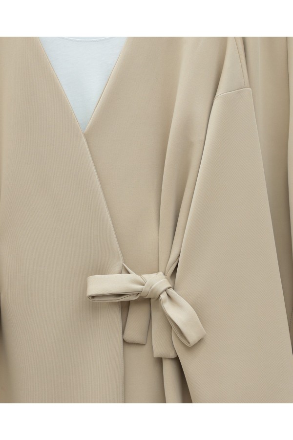 Beli Çift Bağlamalı Scuba Kimono Takım  -Bej