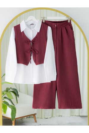 Lace-up Front Trousers Vest Two Piece Linen Suit -Maroon