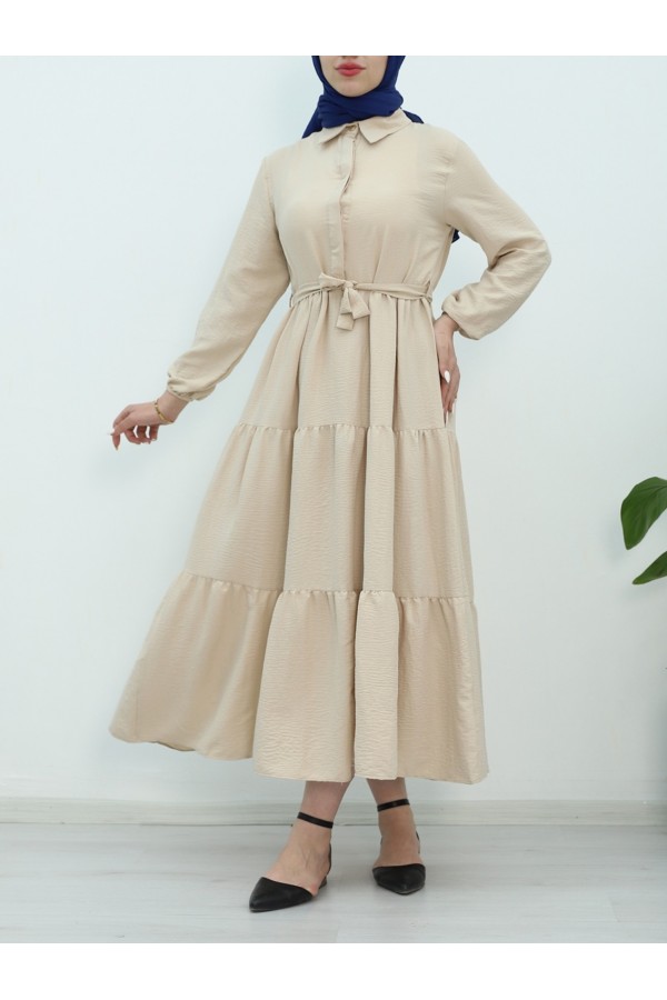 Half Buttoned Dress with Elastic Sleeves and Tie Waist - Beige