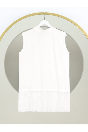 Dik Yaka Eteği Pliseli Penye İçlik   -Ekru