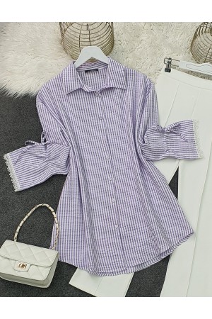 Laced Sleeve Striped Shirt -Lilac