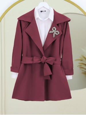 Scuba Kimono with Stone Crest and Belt -Maroon