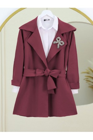 Yakası Taş Armalı Kemerli Scuba Kimono -Bordo