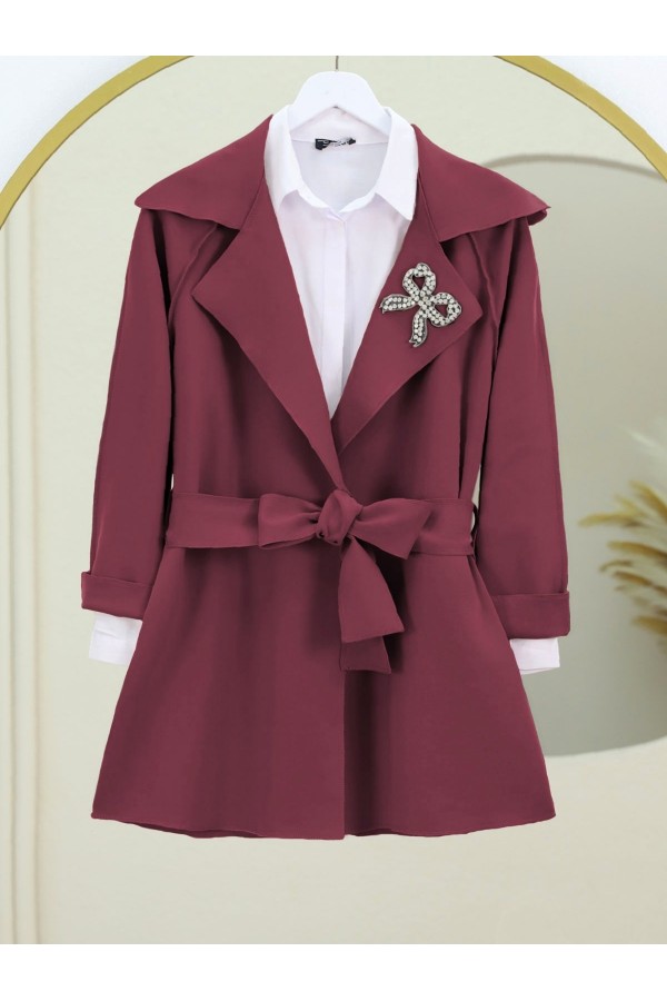 Yakası Taş Armalı Kemerli Scuba Kimono -Bordo