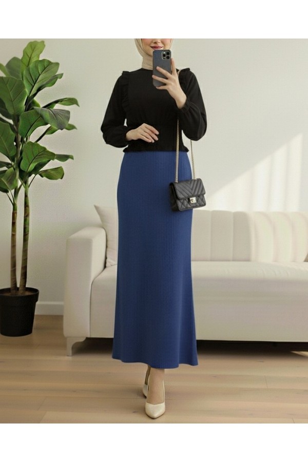 Pleated Pencil Skirt with Elastic Waist -İndigo