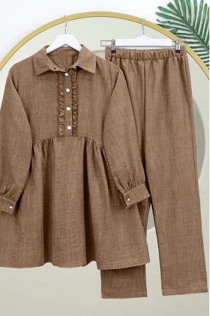 Half Buttoned Linen Suit with Ruffle Front -Brown