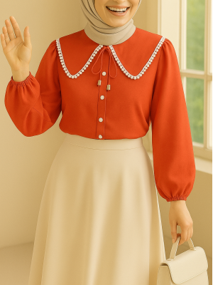 Bebe Yaka Dantelli Kolu Lastikli Gömlek   -Nar Çiçeği