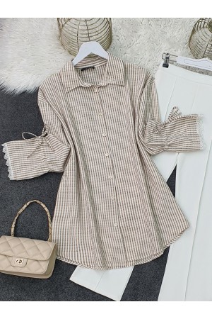 Laced Sleeve Striped Shirt -Mink color