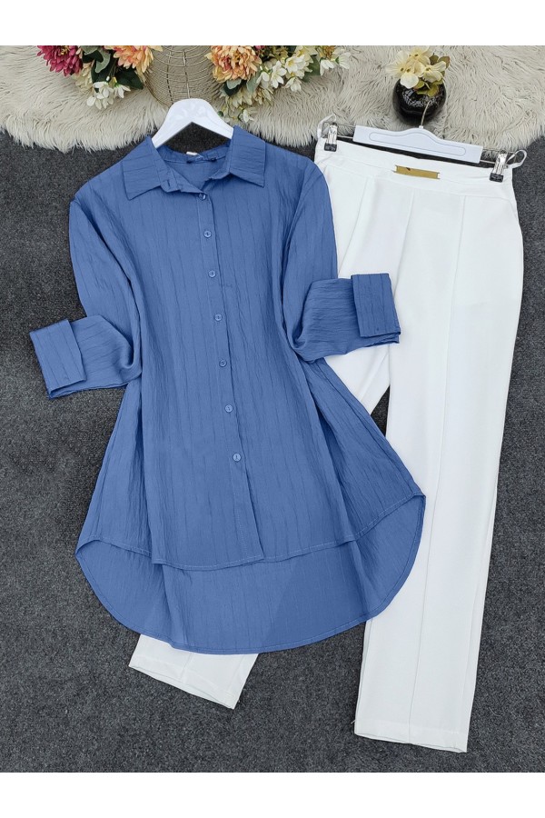 Striped Patterned Long Back Buttoned Shirt -İndigo