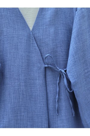 كيمونو من الكتان برباط جانبي -اللون النيلي
