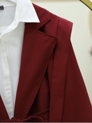 Cep Detaylı Beli Bağlamalı Ceket -Bordo