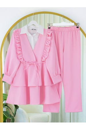 Önü Fırfırlı Bağcıklı Eteği Katlı Pantolonlu Kimono Takım    -Pembe