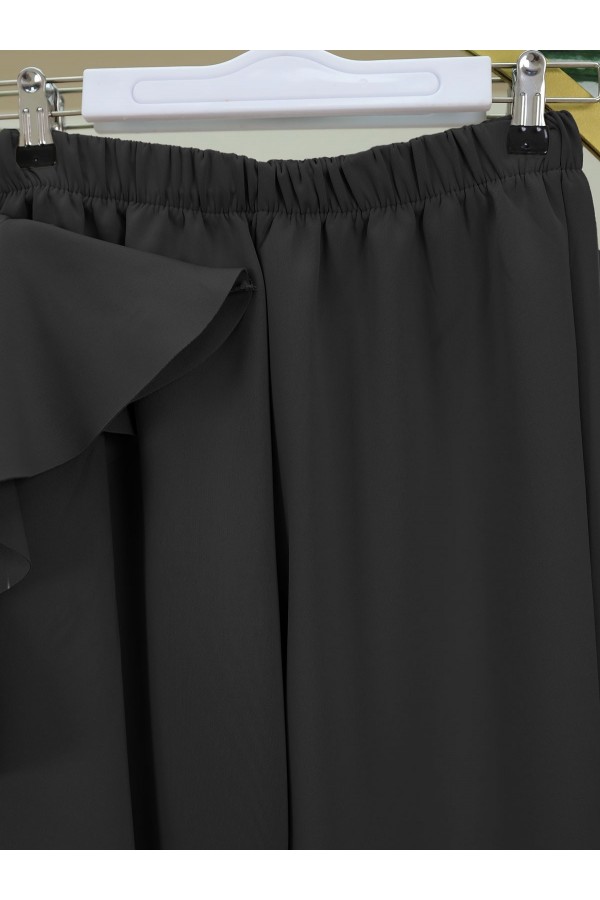 Button Detailed Stand Collar Ruffle Shoulder Scuba Suit  -Black