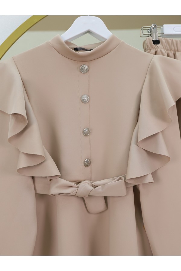 Button Detailed Stand Collar Ruffle Shoulder Scuba Suit - Beige