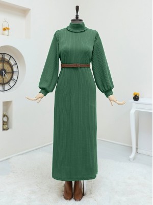 Turtleneck Belted Lycra Dress  -Emerald