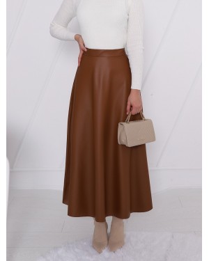 تنورة جلدية مستقيمة مع خصر مطاطي -بني كاشف