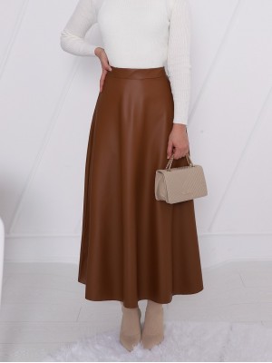 Beli Lastikli Düz Deri Etek (1962) -Taba