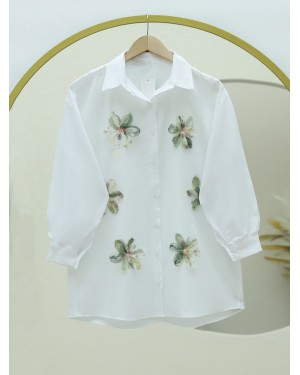 Sequined Flower Detailed Button-Down Shirt -Khaki