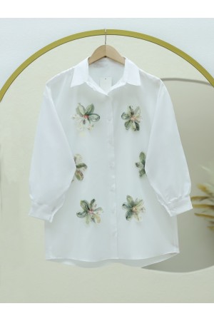 Pullu Çiçek Detaylı Düğmeli Gömlek -Haki