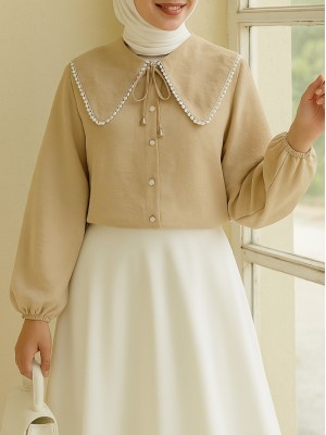 Bebe Yaka Dantelli Kolu Lastikli Gömlek -Vizon