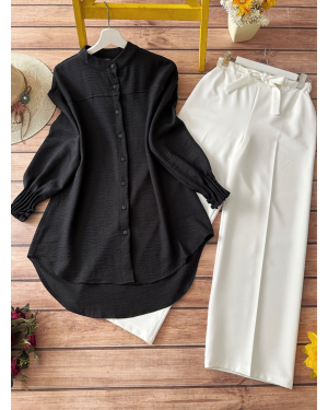 Kol Manşeti Drapeli Oval Kesim Gömlek -Siyah