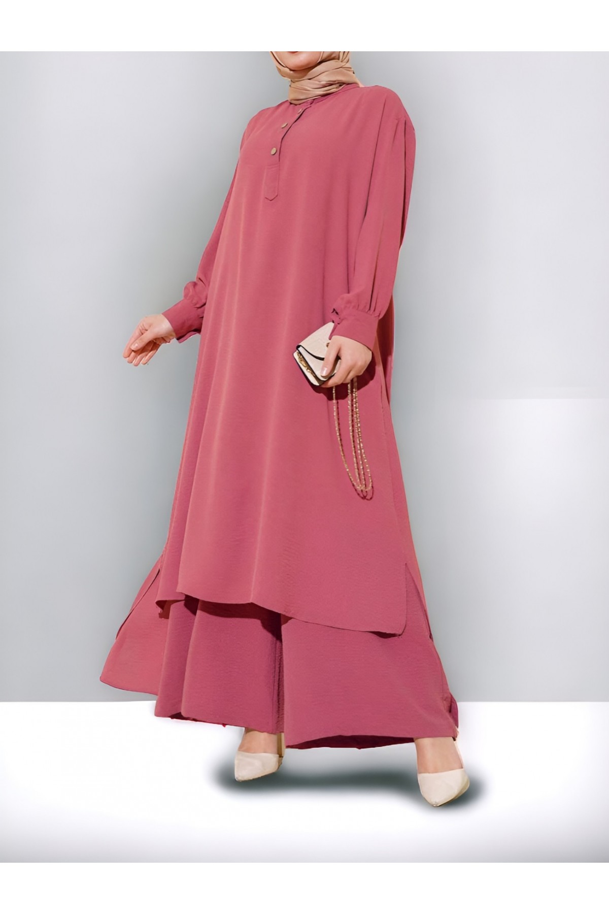 Wooden Button.  Long Loose Double Suit with Half Placket -Dried rose