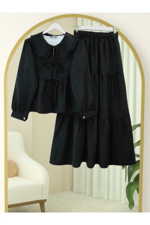 Lace-up suit with layered skirt detail -Black