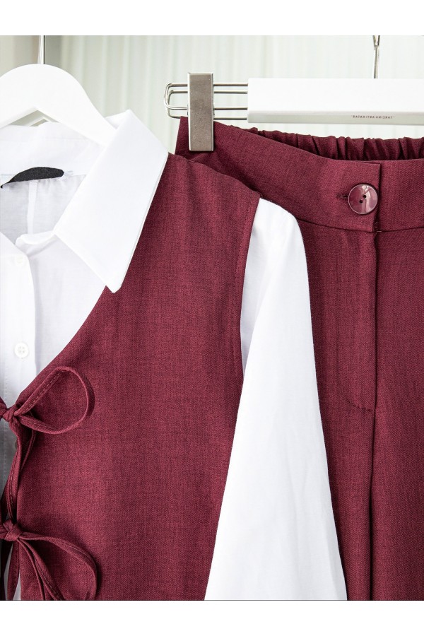 Önü Bağcıklı Pantolon Yelek İkili Keten Görünümlü Takım -Bordo