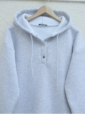 Snap Collar Hooded Raised Three Thread Sweater - Light grey