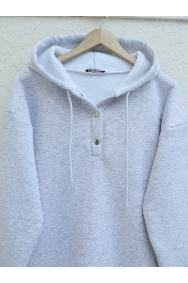 Snap Collar Hooded Raised Three Thread Sweater - Light grey