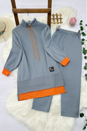 Turuncu Detaylı İki İp Penye İkili Takım -Gri