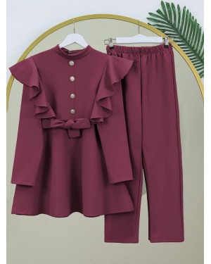 Button Detailed Stand Collar Ruffle Shoulder Scuba Suit -Maroon