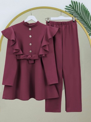 Düğme Detaylı Dik Yaka Omuzu Fırfırlı Scuba Takım -Bordo