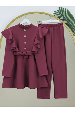 Düğme Detaylı Dik Yaka Omuzu Fırfırlı Scuba Takım -Bordo