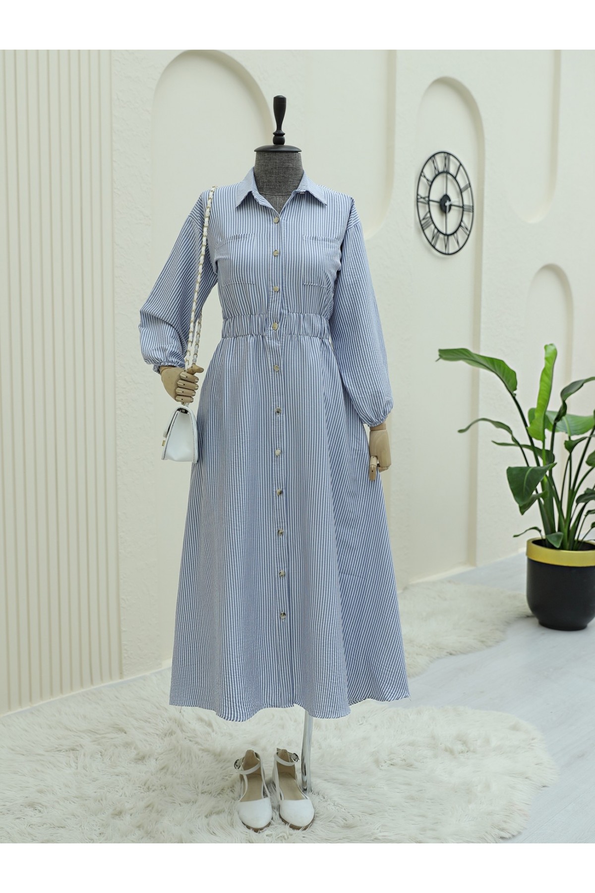 Striped Dress with Elastic Waist and Buttons -Navy blue