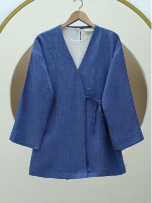 Yandan Bağlamalı Keten Kimono -İndigo