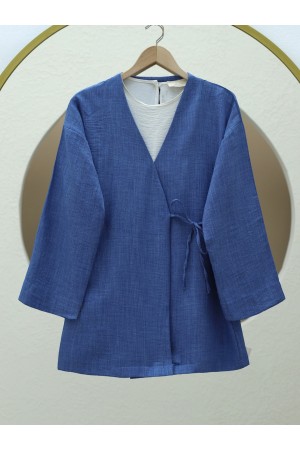 Yandan Bağlamalı Keten Kimono -İndigo