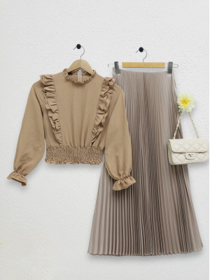 Robadan Fırfırlı Beli Büzgülü Ayrobin Bluz -Vizon