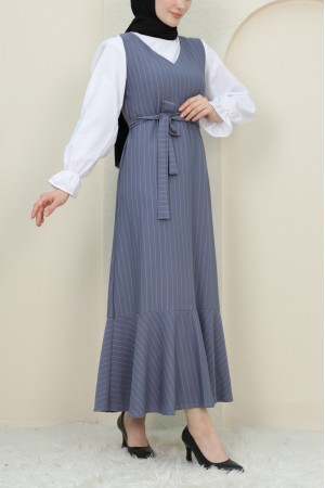 Çizgili Beli Kuşaklı Gömlek Jile Takım -Gri