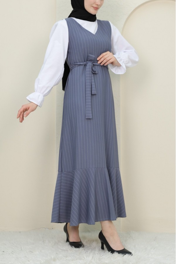 Striped Waist Belted Shirt Gilet Set -Grey