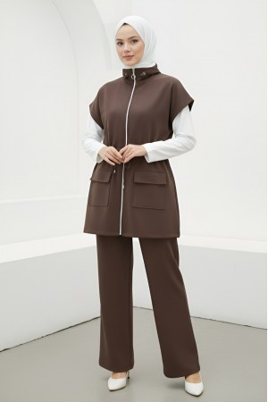 Çift Cepli Fermuarlı Lastik Detaylı Kısakollu Scuba Takım -Kahve