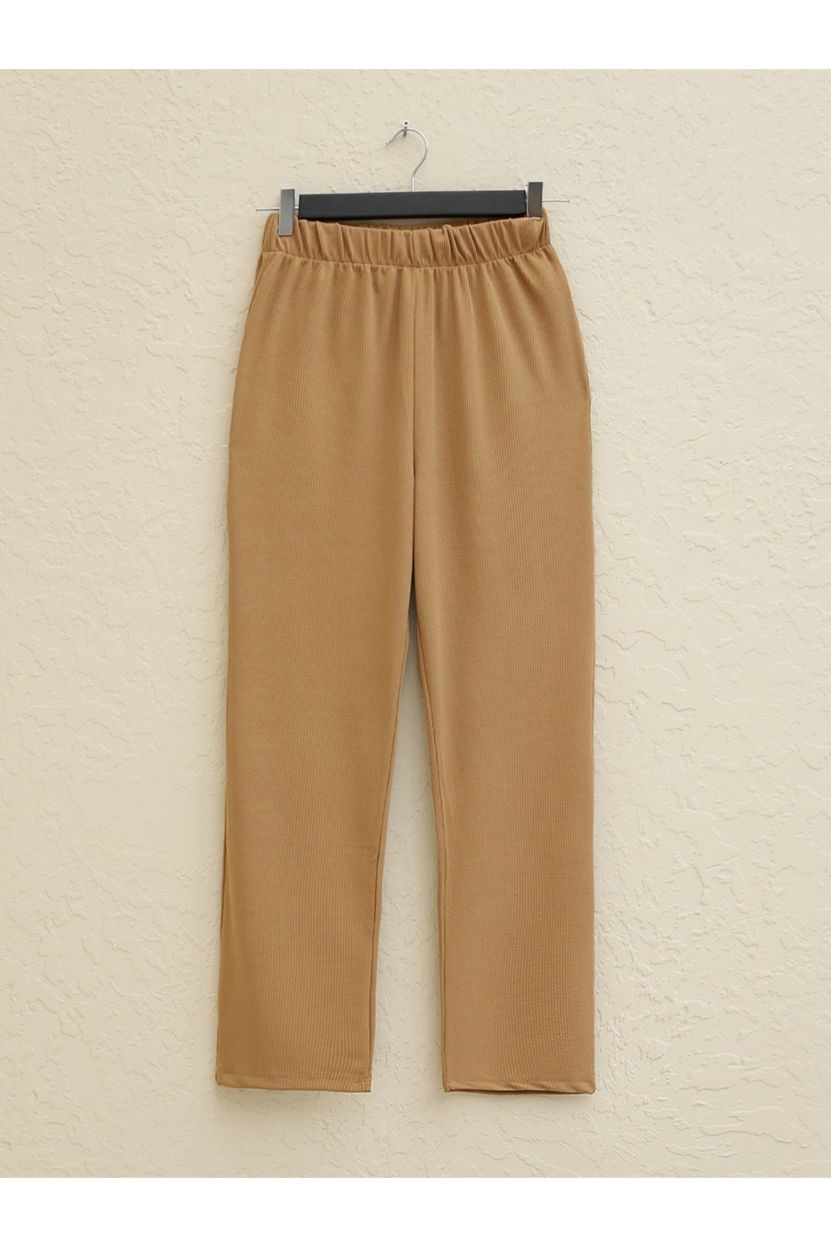 Crew Neck Slit Ribbed Suit -Mink color