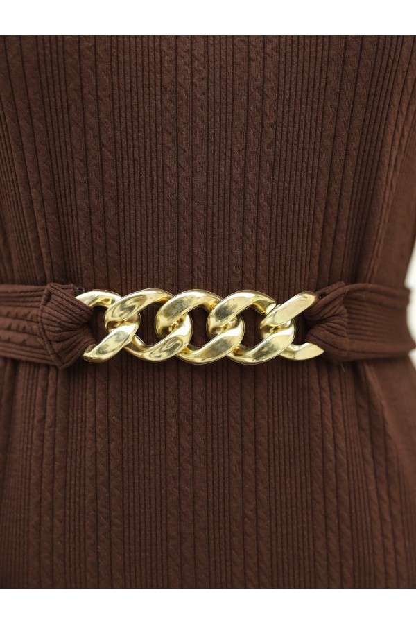 Belted Stand Collar Lycra Long Dress -Brown