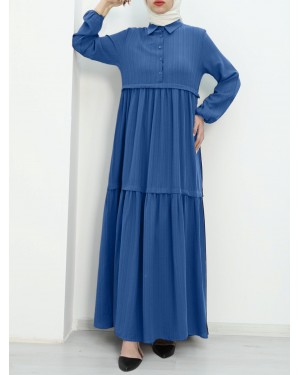 Partial Half Buttoned Sleeve Elastic Dress -Blue